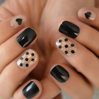 Black Round Tips False Nails Heart Speckle Decorative Clear Thin Gel Coating Fake Nail With Adhesive Sticker