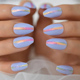 Ballerina Blue Fake Nails Coffin Short Medium Gliter Line Holo False Artificial Nails Press On Glossy Acrylic Nails Tips