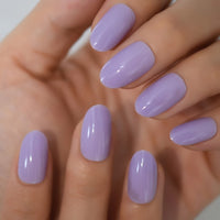 Pure Color Nails UV Polish Oval Faux Nails Light Taro Purple Glossy Nail Artificial Tips with Gluetabs 24pcs