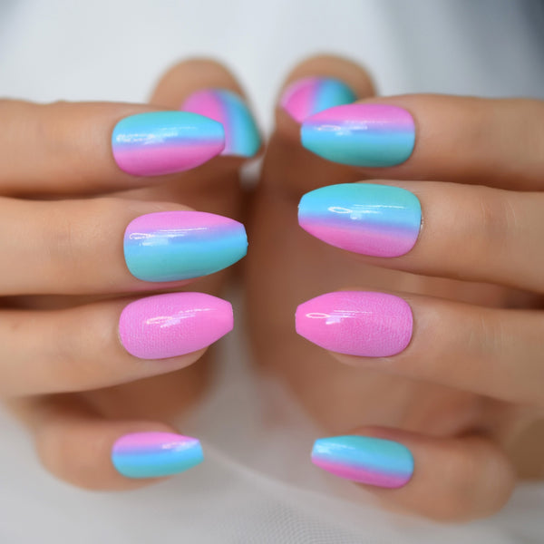 24pcs Rainbow Candy Pigment Detachable Short Ballerina False Nails With Design Coffin Fake Nails Press On Nail Tips