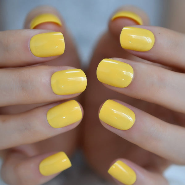 Neon Yellow Tip Short Petie Press On Nails Squoval Glossy Solid Fake Nails Square Head Color Tips for Daily Wear 24