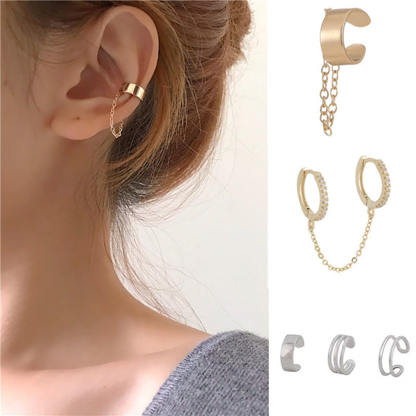 Simple Fashion Punk Chain Ear Cuff for Women Clip on Earrings Gold Earcuff Without Piercing Earring Trendy Jewelry Gift