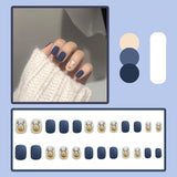 Fashionable Blue and Graffiti Pattern Wearable Fake Nails press on Short oval Head Lady Full Cover Finished nail