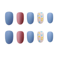 Fashionable Blue and Graffiti Pattern Wearable Fake Nails press on Short oval Head Lady Full Cover Finished nail