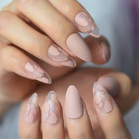 Almond Shape Fake Nails Medium Length Clear Tips False Nails Press On Manicure Ballerina Shade Matte New York Pink Nails Art