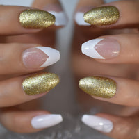 Short Coffin Nude White Press On Nails Gold Powder Glitter Fake False Nails Full Cover Ballet Artificial Nail Designer