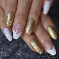 Short Coffin Nude White Press On Nails Gold Powder Glitter Fake False Nails Full Cover Ballet Artificial Nail Designer