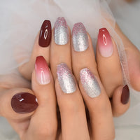 Short Coffin Nude White Press On Nails Gold Powder Glitter Fake False Nails Full Cover Ballet Artificial Nail Designer