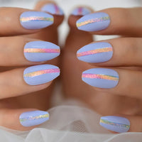 Short Coffin Nude White Press On Nails Gold Powder Glitter Fake False Nails Full Cover Ballet Artificial Nail Designer