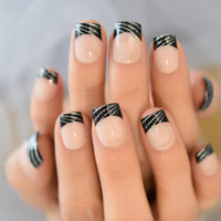 Press On Nail Art With Black Lace Designs French Nail Decorations Set Short Nude Artificial Fake Nail Tip