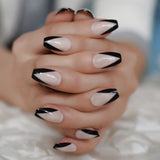 Press On Nail Art With Black Lace Designs French Nail Decorations Set Short Nude Artificial Fake Nail Tip