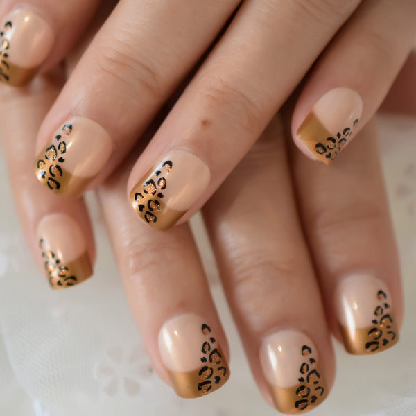 Multi-color Short Square False Nails Golden Fringe Press On Nails Tips Adorn With Gold Glitter Fake Nails Leopard Pattern