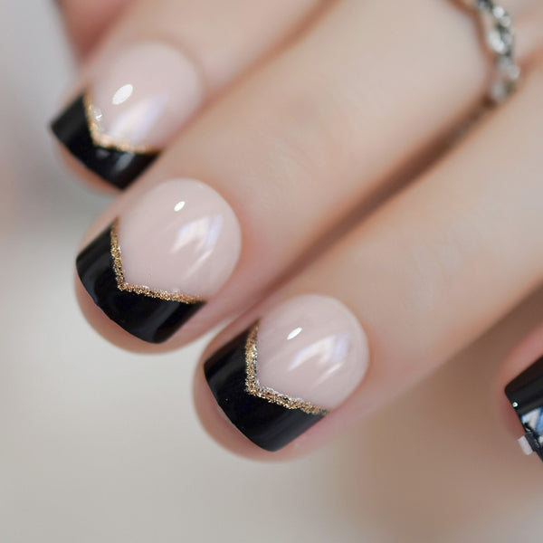 Short French Nail gel Black Tips Gold Glitter Angle Decorated Natural Fake Nails for Lady with Adhesive Tabs