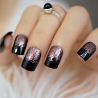 Studio 24 Artificial Nails Black Square Medium Fake Nail Art Tips gel Rose Gold Glitter Decoration Shimmer Acrylic Nail