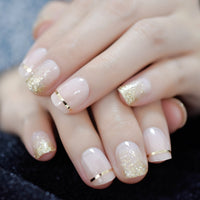 gel Cover False Nails Gold Glitter Nude Ladi&#39;s Press On Fingernails Short with Adhesive Tabs Perfect for daily