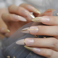 gel Cover False Nails Gold Glitter Nude Ladi&#39;s Press On Fingernails Short with Adhesive Tabs Perfect for daily