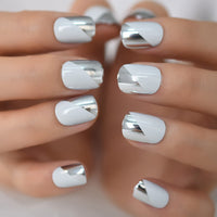 Metallic Mirror Shine Fake Nails Short Length Press On Round Nail Tips Silver-grey gel Nail Art Salon Tool DIY Kit