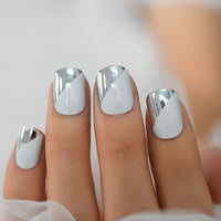 Metallic Mirror Shine Fake Nails Short Length Press On Round Nail Tips Silver-grey gel Nail Art Salon Tool DIY Kit