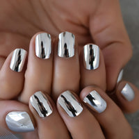 Metallic Mirror Shine Fake Nails Short Length Press On Round Nail Tips Silver-grey gel Nail Art Salon Tool DIY Kit