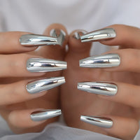 Metallic Mirror Shine Fake Nails Short Length Press On Round Nail Tips Silver-grey gel Nail Art Salon Tool DIY Kit