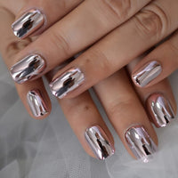 Metallic Mirror Shine Fake Nails Short Length Press On Round Nail Tips Silver-grey gel Nail Art Salon Tool DIY Kit