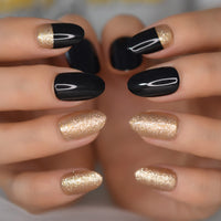 Short Oval Shape Black Acrylic Press On False Nails With Designs Champagne Glitter Fake Nails Set Gel Glossy Manicure Kit