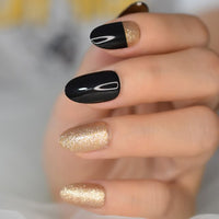 Short Oval Shape Black Acrylic Press On False Nails With Designs Champagne Glitter Fake Nails Set Gel Glossy Manicure Kit