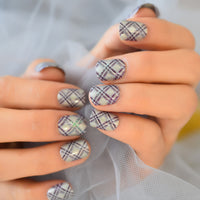 24pcs Short False Nail French Tip Kits Elegant Grey Purple Artificial Nail Lattice Design Professional Press On Nail