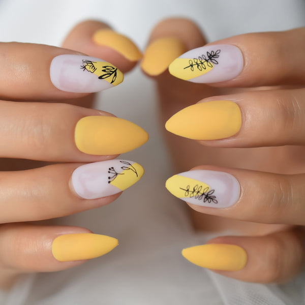 Nude Matte Press On Nails With Designs Leaves Branch Medium Short Length Fake Nails Mango Yellow Full Cover Artificial Nail Tips