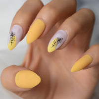 Nude Matte Press On Nails With Designs Leaves Branch Medium Short Length Fake Nails Mango Yellow Full Cover Artificial Nail Tips