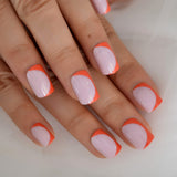 Pink Orange Fake Nails Short Half Moon Designs Press On Nails Glossy Faux Ongles Court Reutilisable 24pcs