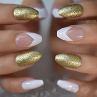 gel Cover False Nails Gold Glitter Nude Ladi&#39;s Press On Fingernails Short with Adhesive Tabs Perfect for daily