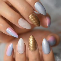 Holographic Silver Glitter Press On Nails Short Style Daily Wear Nude Pink Lady False Nails Oval Shape Nail Art Tips