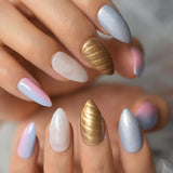 Holographic Silver Glitter Press On Nails Short Style Daily Wear Nude Pink Lady False Nails Oval Shape Nail Art Tips