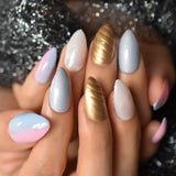 Light Pink Oval Fake Nails Daily Style Gold Glitter MOO Short Nail Art Tips Press on Nails Shimmer Manicure Tip with Adhesive