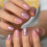 Pearl Shine Pink French Nail White Round Fake Nails Short Glossy Satin Artificial Lady Fingernails with Adhesive