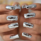 Shine Rock Style Mirror Light Fake Nail Patch Metal Plating Press On Nail Artificial Tip Light Blue Metallic Hard Nail Stuff