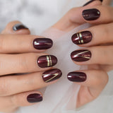 Metallic Line Decoration Fake Nails Round Oval GEL Short Press On Nails Dark Red Gold Line For Daily Wear with Back Glue NOV