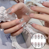 24Pcs Luxe Shining Rhinestone Wedding False Nails Transparent Glitter Gems Crown Designed Square Full Short Fake Art Bride