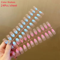 24Pcs Autumn Winter Short Round Head Fake Press On Nail Cute MilkTea Color Blooming Gradient Artificial Nail With Jelly Glue