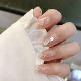 24Pcs Luxe Shining Rhinestone Wedding False Nails Transparent Glitter Gems Crown Designed Square Full Short Fake Art Bride