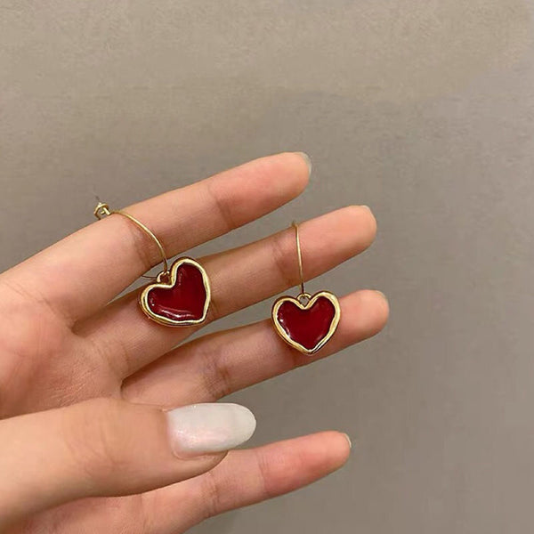 Korea 2021 new trendy wine red love earrings simple temperament net red wild personality earrings ear jewelry