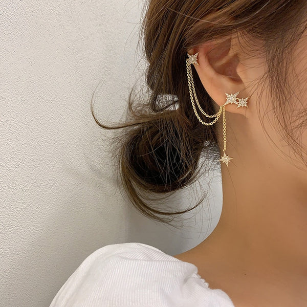 Fashion Korean Octagonal star Tassel Earring for Women Ear Cuffs Cool Jewelry Chain Vintage Crystal Earings Birthday Party Gift