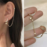 1PC 2021 New Fashion Gold Color Moon Star Clip Earrings For Women Simple Fake Cartilage Long Tassel Ear Cuff Jewelry