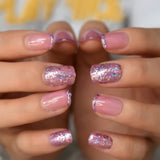 Pink Nude Fake Nails Acrylic Glitter Press On Nails Short Length Sequins Holo Jelly Gel Glossy Full Cover False Nail Tips