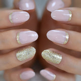 Pink Nude Fake Nails Acrylic Glitter Press On Nails Short Length Sequins Holo Jelly Gel Glossy Full Cover False Nail Tips