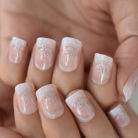 Pink Nude Fake Nails Acrylic Glitter Press On Nails Short Length Sequins Holo Jelly Gel Glossy Full Cover False Nail Tips