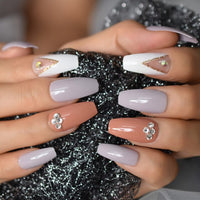 28pcs Coffin Square Fake Nails Long Medium Length Ballerina Press On Nails With Rhinestones Faux Ongles Gel False Nail Tips