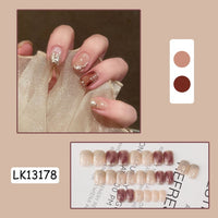 24Pcs Autumn Winter Short Round Head Fake Press On Nail Cute MilkTea Color Blooming Gradient Artificial Nail With Jelly Glue