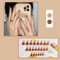 24Pcs Autumn Winter Short Round Head Fake Press On Nail Cute MilkTea Color Blooming Gradient Artificial Nail With Jelly Glue